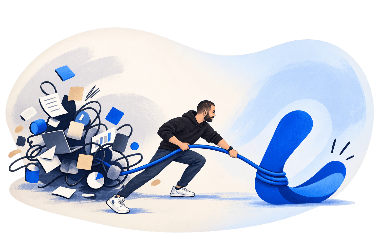 Illustration of scattered business work being pulled into one connected system