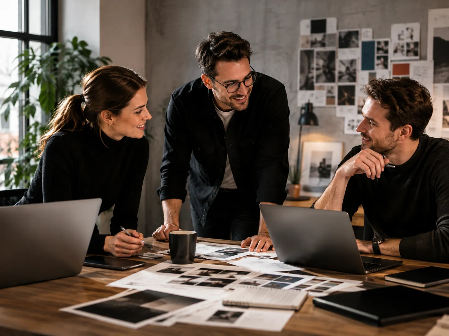 Small creative agency team collaborating on client work, proposals, new business opportunities and sales follow-up in a studio office