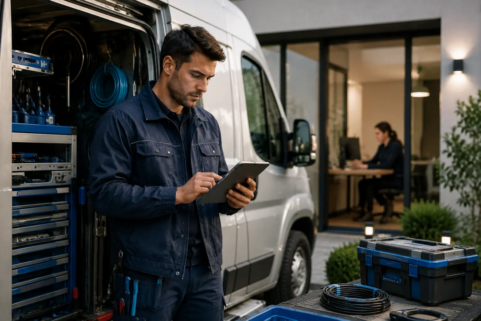 Field service technician beside a service vehicle with tools and equipment for customer repair, maintenance and installation work