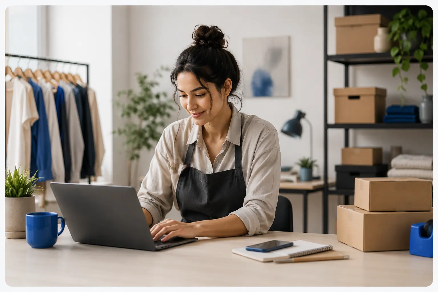 Small business owner managing customer orders, sales follow-up, billing and day-to-day operations from a modern shop workspace