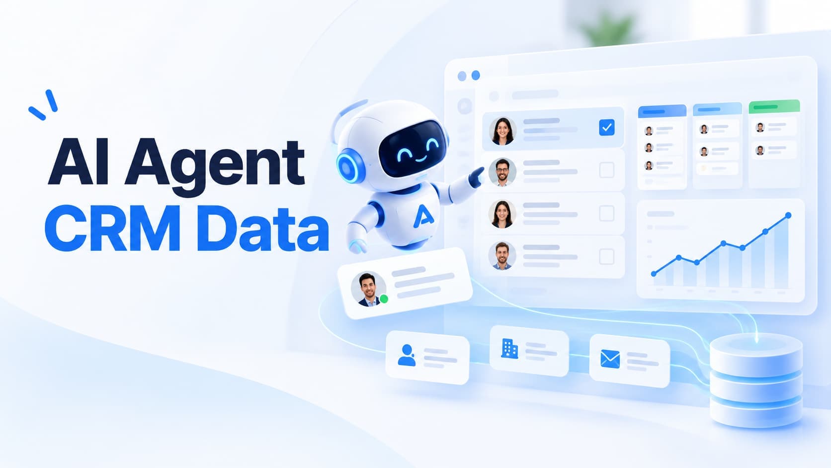 AI assistant organizing customer records, sales leads, and CRM data in a modern dashboard.
