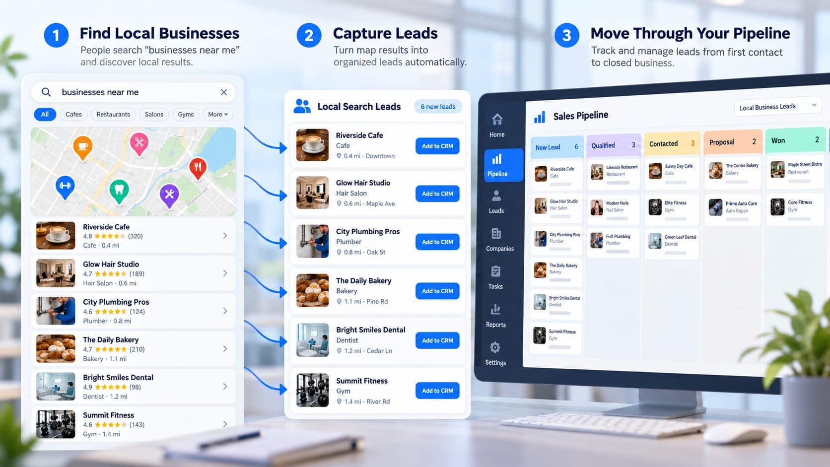Local business leads moving from map search into a sales pipeline